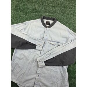Frontier Series Mens Colorblock Denim Button Down Shirt Band Collar Light Wash L